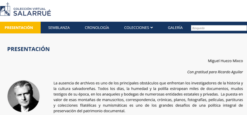 Portada de la página web de la Colección Virtual Salarrué. A mano derecha hay una pequeña foto del escritor, el resto es el texto de presentación.